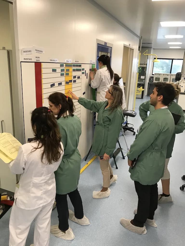 Mitarbeitende von Megalabs arbeiten direkt an einem visuellen Board in Montevideo.