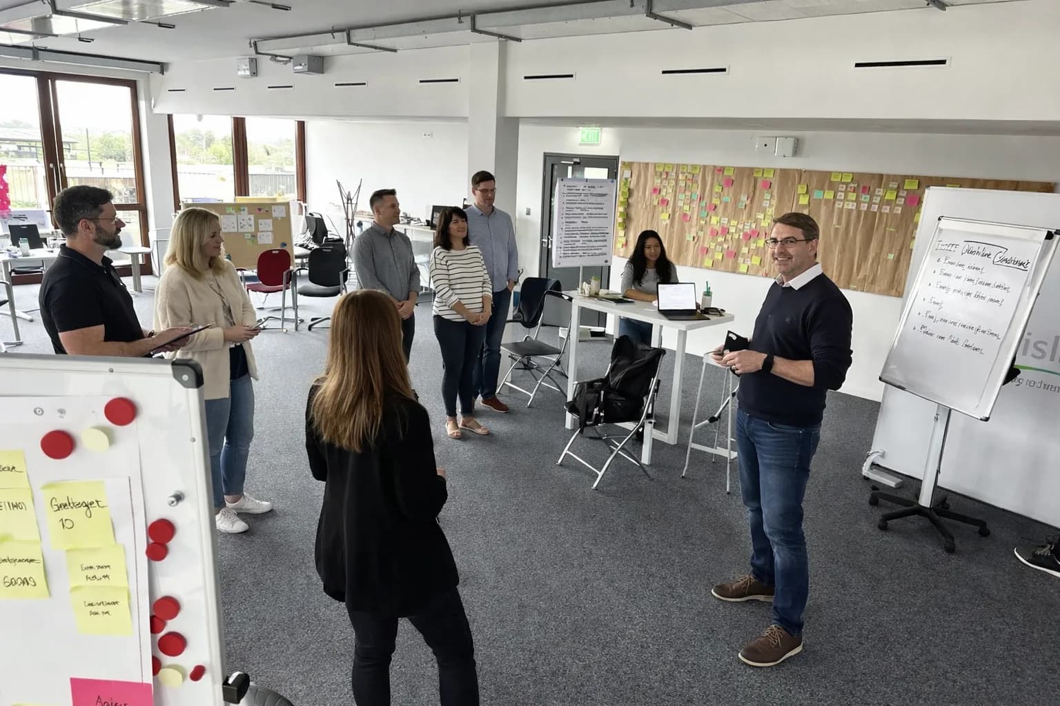 Workshopgruppe in einem größeren Raum vor Makigami-Board und Flipchart.