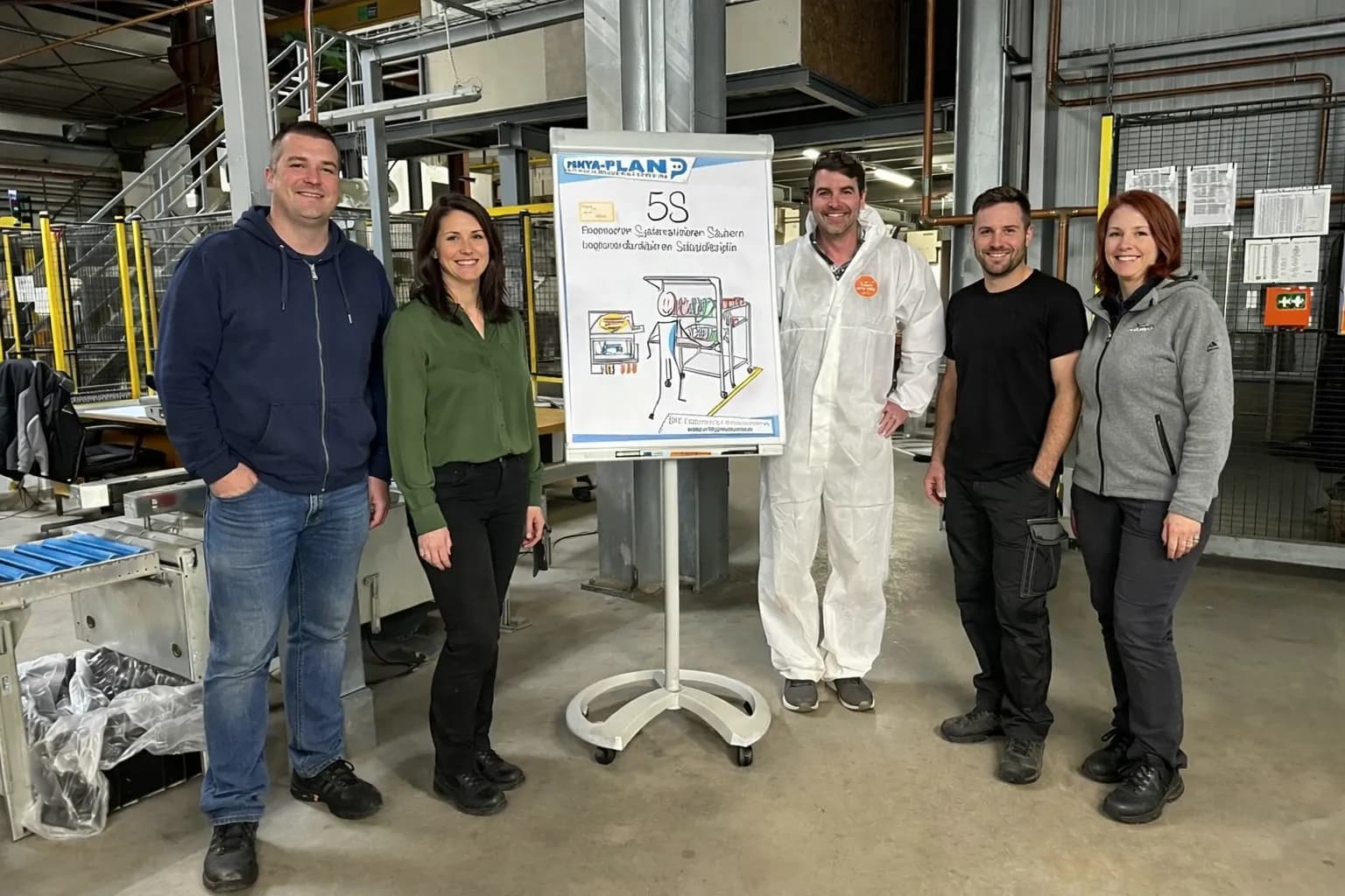 Workshopteilnehmer im Produktionsumfeld mit Fokus auf Arbeitsplatzorganisation.