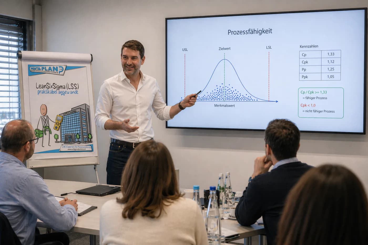 Team analysiert in einer Six-Sigma-Runde Prozessfähigkeit und Verbesserungsdaten am großen Screen.
