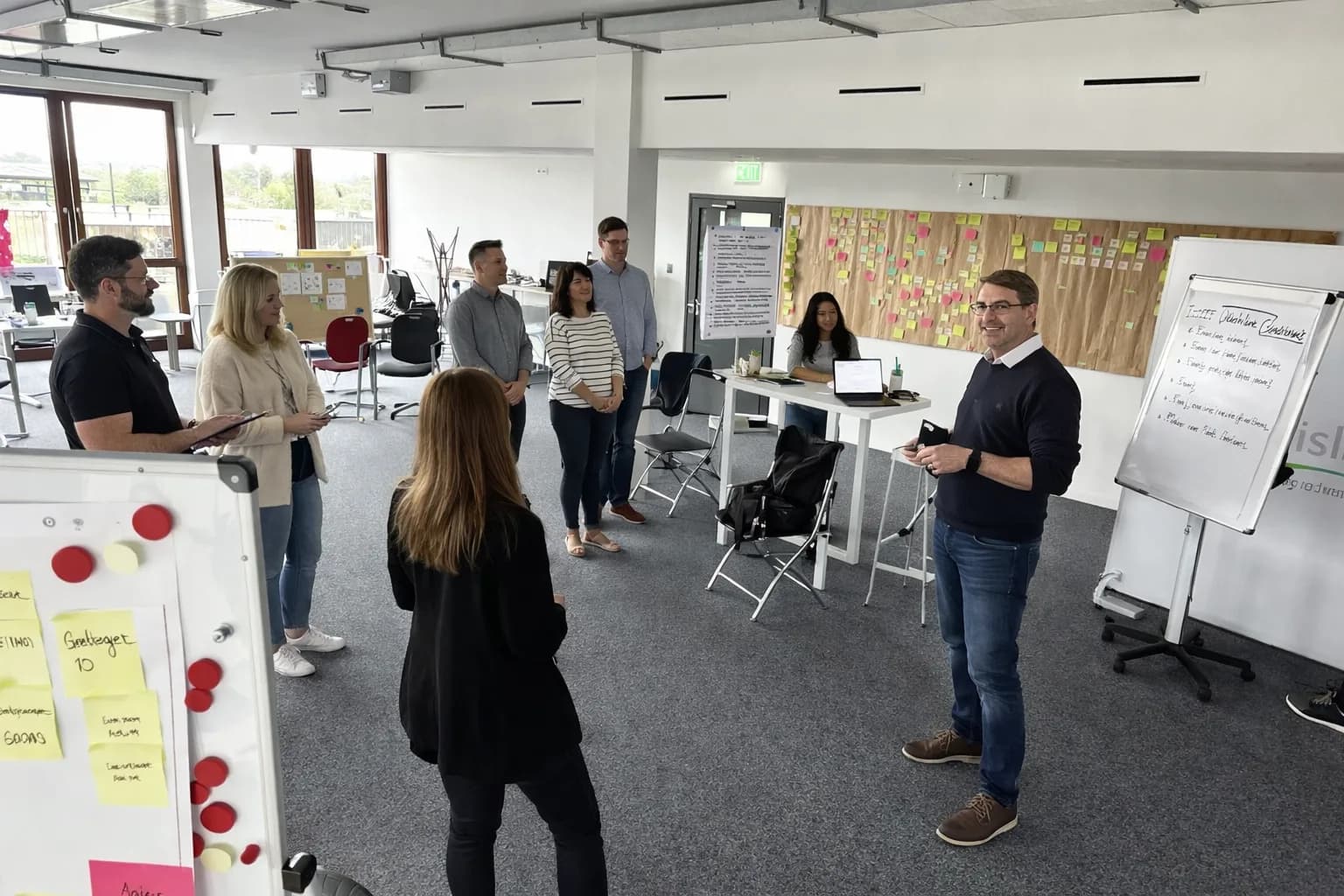Workshopgruppe steht im Raum vor mehreren Prozessboards und Flipchart.